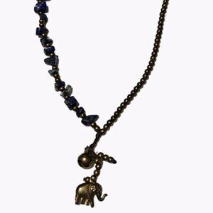African Inspired Elephant Charm Necklace Blue Stones Bell Beaded Chunky  Jewelry